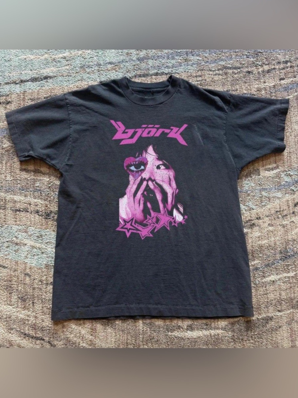Bjork Graphic T-Shirt Faded in Black with Pink Artwork